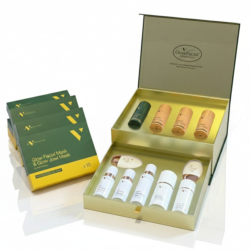 Cosmetic set with skincare products and packaging on a white background