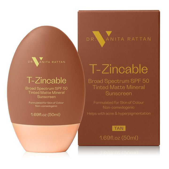 T-Zincable Broad Spectrum SPF 50 Tinted Matte Mineral Sunscreen bottle and its matching brown packaging box by Dr. Vanita Rattan, shown on a clean white background.